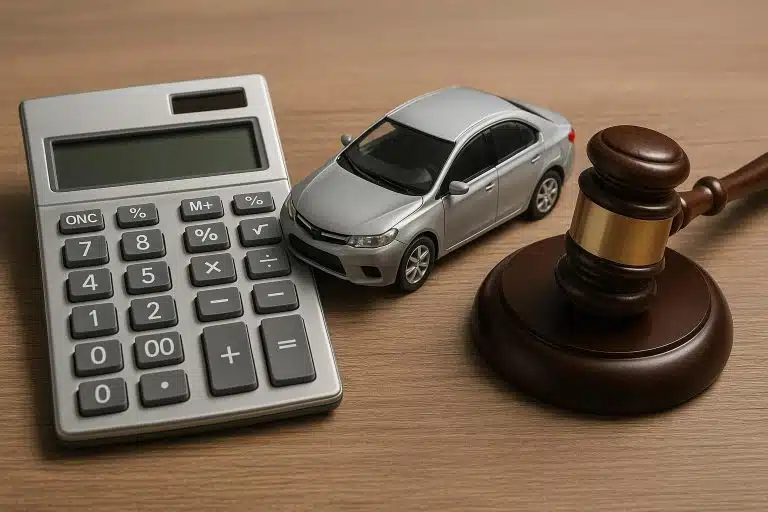 Settlement Calculator: A Starting Point for Car Accident Claims Car accident settlement calculator concept with car, calculator, and legal paperwork on desk