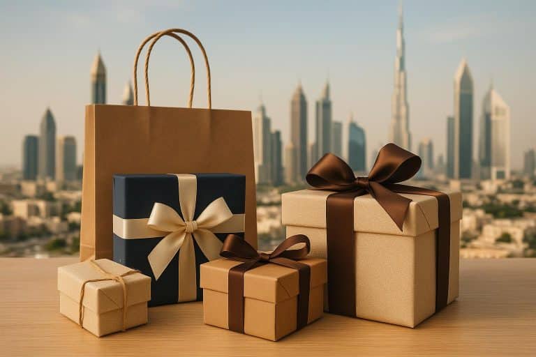 Corporate Gifts in Dubai: Where Business Meets Personal Connection Luxury corporate gift boxes and branded merchandise displayed elegantly for businesses in Dubai