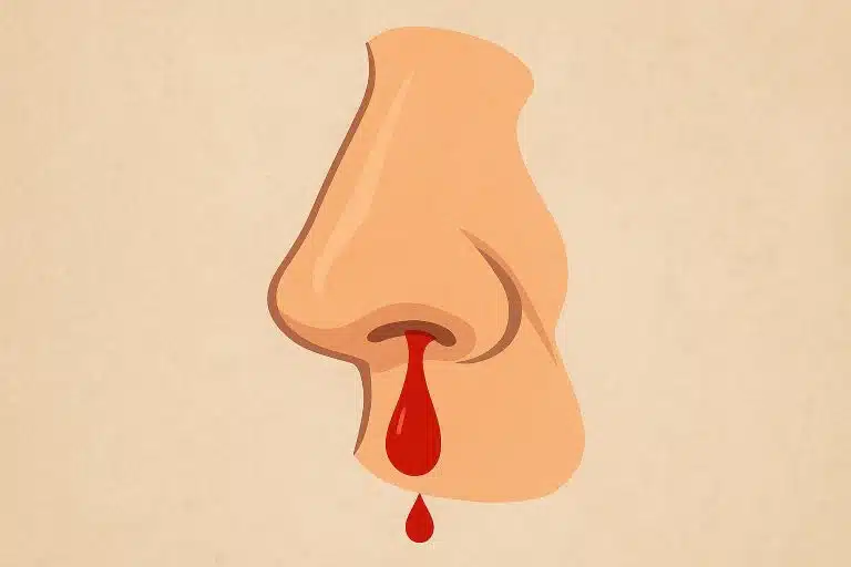 Close-up of a nose with a drop of blood, illustrating causes of nosebleeds