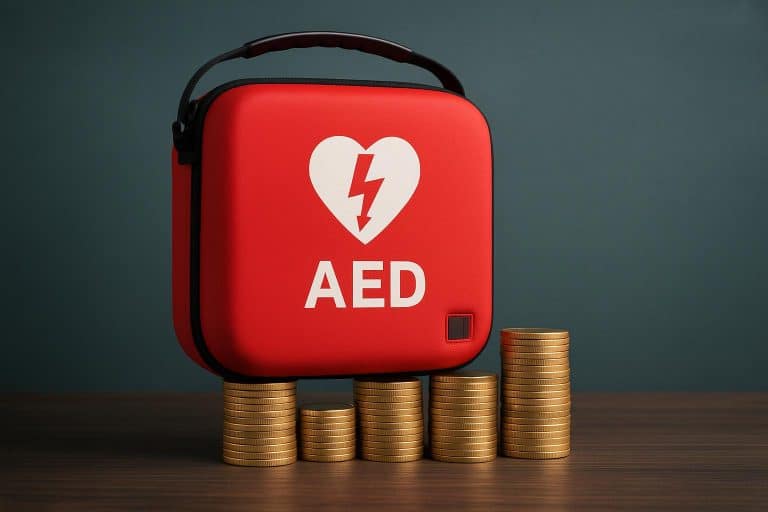 Automated external defibrillator on wall in workplace, highlighting AED program implementation