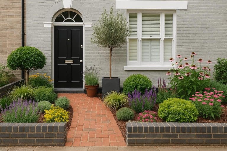 Colorful small front garden with potted plants, neat pathway, and stylish outdoor décor