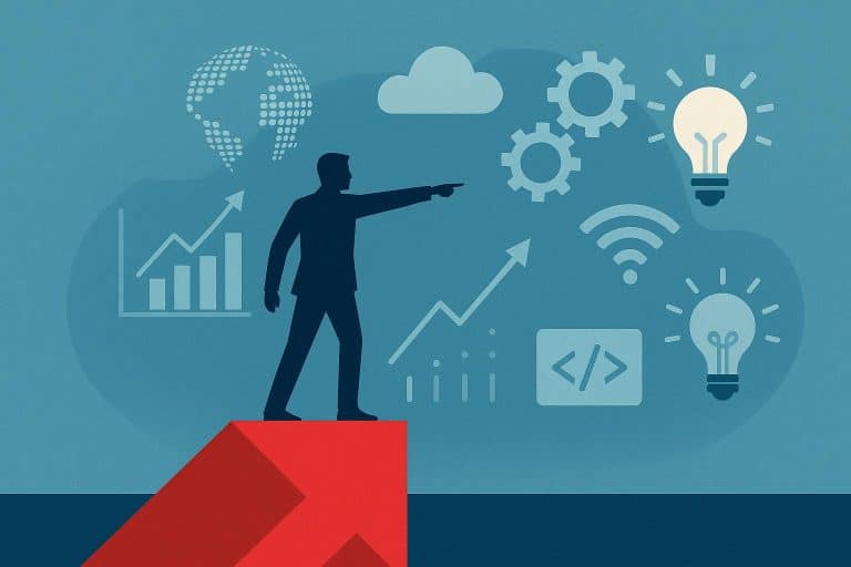 Modern digital workspace with leadership icons symbolizing skills for the digital era.