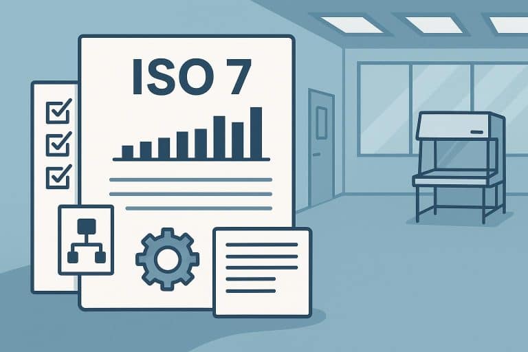 ISO 7 cleanroom layout with air filtration systems illustrating ISO 14644 classification standards