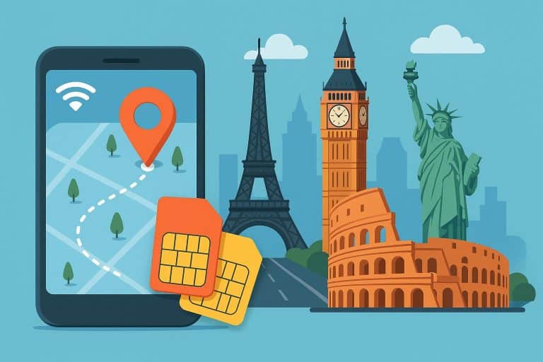 Global landmarks collage with smartphones showcasing mobile roaming data packs for travelers