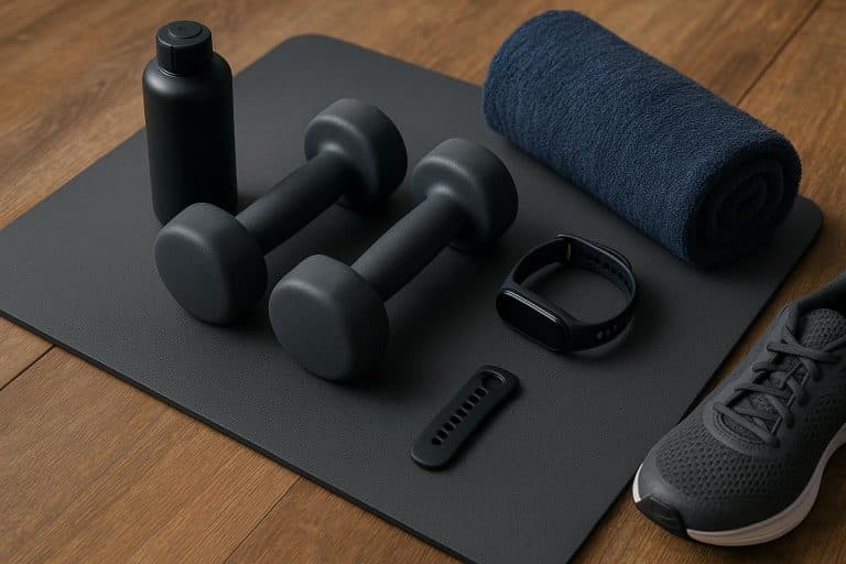 Dumbbells and workout gear arranged on an office desk, symbolizing fitness for professionals